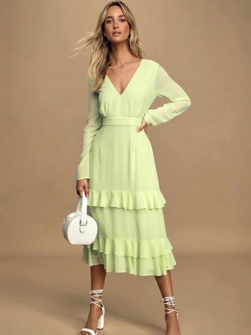 Lulus Sway This Way Lime Green Ruffled Long Sleeve Midi Dress NWT